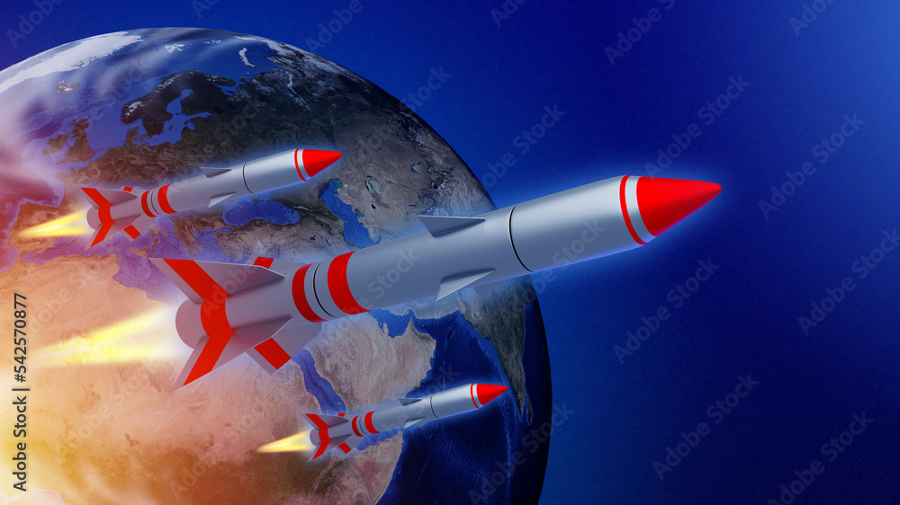 Ballistic missiles. Nuclear weapons over planet. Rockets with nuclear warheads. Concept launching intercontinental missiles. Nuclear rockets in space orbit. 3d image planet Earth, elements from NASA