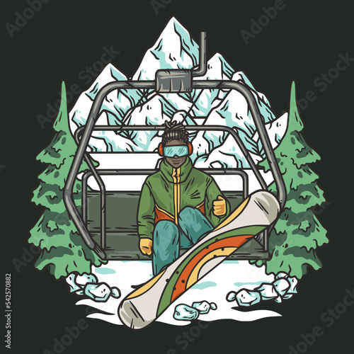 Snowboarders on a ski lift. Winter sports. Snowboarding and downhill skiing in a print