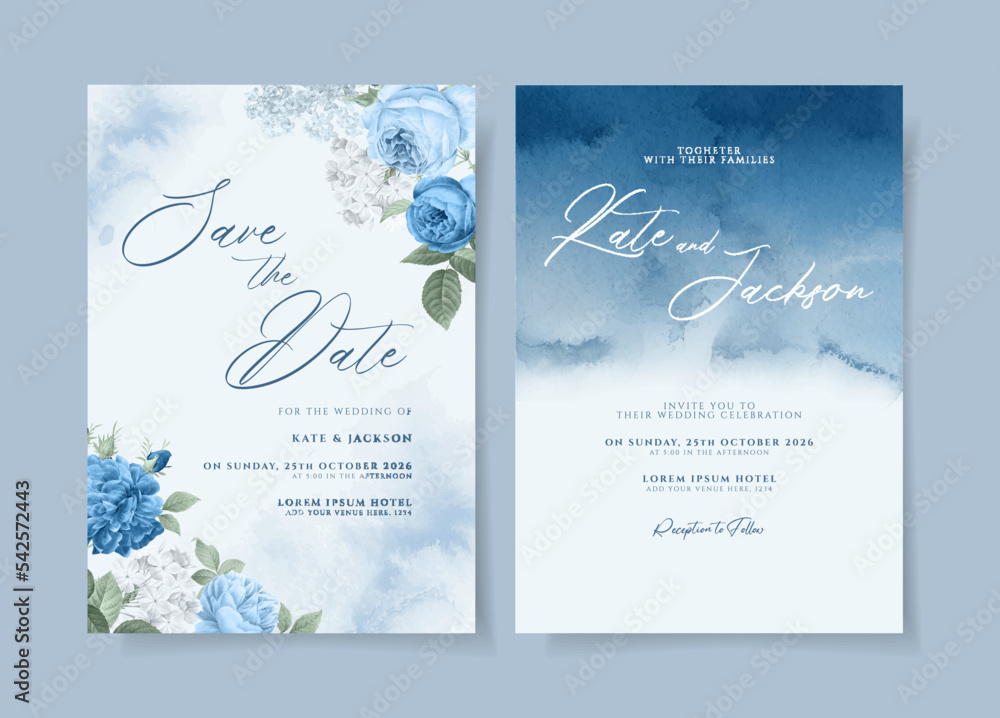 Beautiful floral wedding invitation template set with roses and leaves decoration