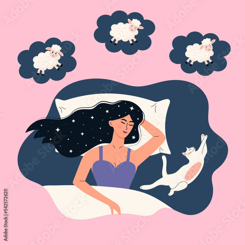 Girl with hair in stars is lying in bed with white cat. Young woman falling asleep, dreaming and counting sheep. Dream cloud with jumping lambs. Healthy sleeping, sweet dreams, pet, home, comfort