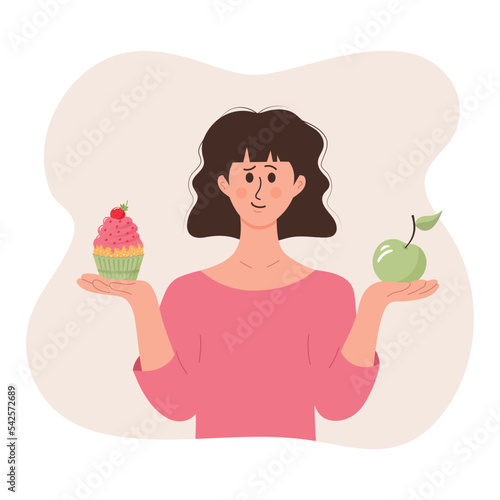 Girl with an apple in one hand and a cake in another, thinking what is better to eat. Woman making diet choice. Healthy and unhealthy food. Concept of health diet, healthy habits, diet plan.