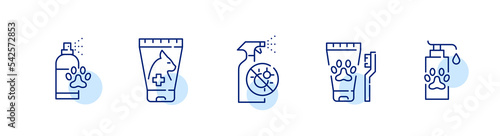 Pet hygiene supplies set. Cat shampoo, wash, toothpaste and anti pest spray. Pixel perfect, editable stroke line icons