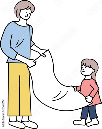 母親と子供がシーツを畳んでいるイラスト素材
