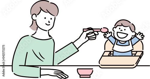 子供に食事を食べさせている母親のイラスト素材