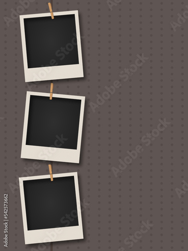 blank photo frames, frames on wooden background, Realistic polaroid photo template. Empty photo frame mock up with shadow. Vintage card. Vector illustration on transparent background.
