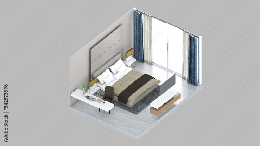 Isometric view of a master bedroom,residential area, 3d rendering. Isometric view of a master bedroom,residential area, 3d rendering.
