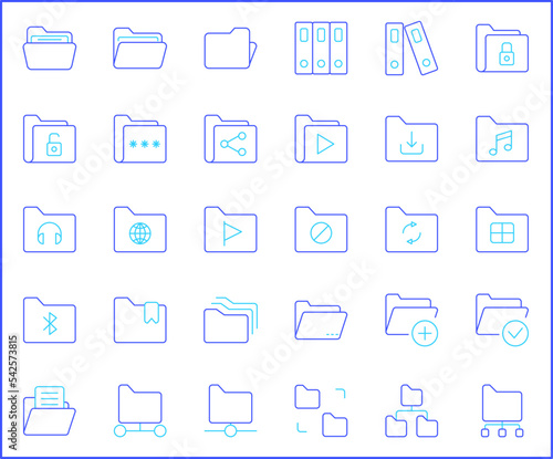 Simple Set of folder Related Vector Line Icons. Vector collection of documents, file, technology, miscellaneous and design elements symbols or logo elements in thin outline.