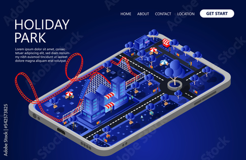 Landing page with illustration of isometric style playground and leisure