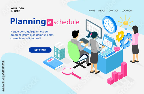 Landing page with illustration of isometric style business plan and schedule