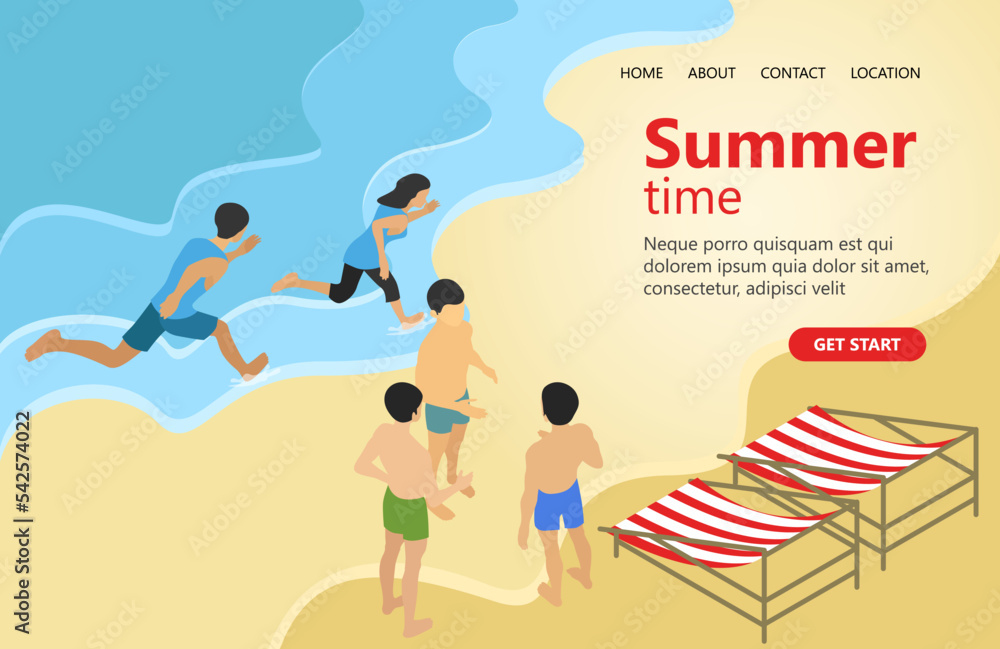 Landing page with illustration about summer vacation on the beach