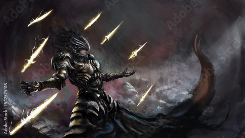 Φωτογραφία Mage knight in dark patterned armor uses light magic to form daggers, his helmet hides his eyes