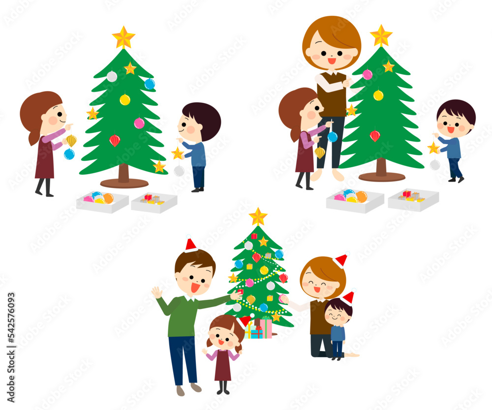 クリスマスツリーと準備をしている家族のセット クリスマスツリーと準備をしている家族のセット