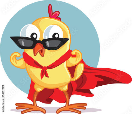 Cute Superhero Chicken Character Vector Mascot. Little heroic brave chick wearing a red cape and sunglasses

