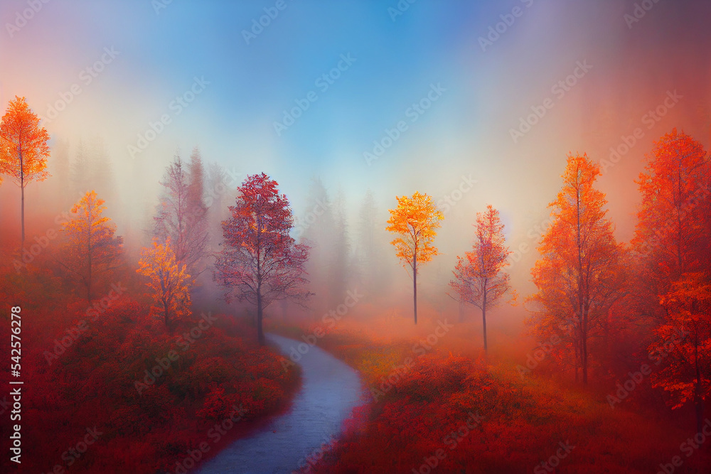Beautiful mystical forest in blue fog in autumn. Colorful landscape with enchanted trees with orange and red leaves. Scenery with path in dreamy foggy forest. Fall colors in october. illustration