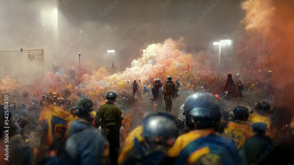 tear gas firing at football match, football fans clash with riot police during the football Cup game played at football stadium. illustration  - obrazy, fototapety, plakaty 