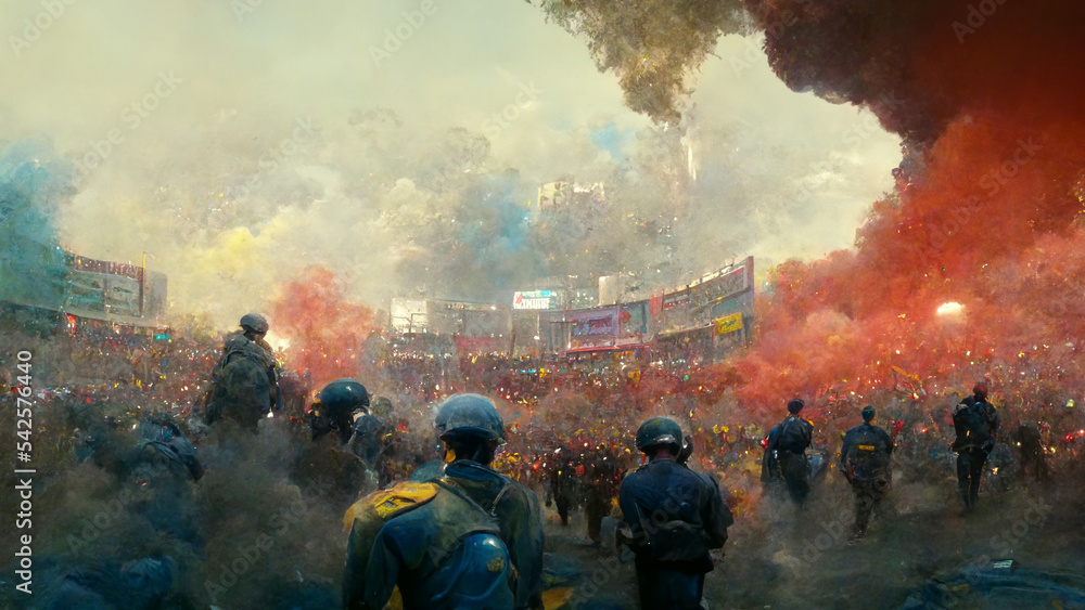 Obraz premium tear gas firing at football match, football fans clash with riot police during the football Cup game played at football stadium. illustration 
