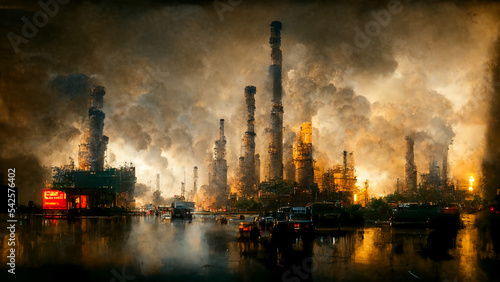 gas leak on factory, factory pollution. climate change concept illustration photo