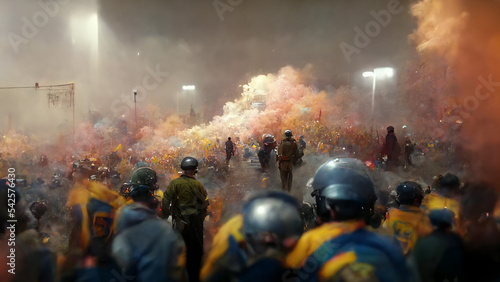 tear gas firing at football match, football fans clash with riot police during the football Cup game played at football stadium. illustration 