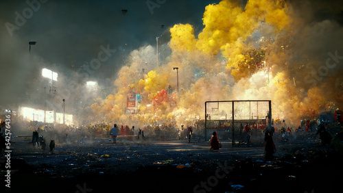 tear gas firing at football match, football fans clash with riot police during the football Cup game played at football stadium. illustration  photo