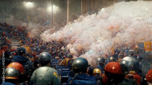 tear gas firing at football match, football fans clash with riot police during the football Cup game played at football stadium. illustration  photo