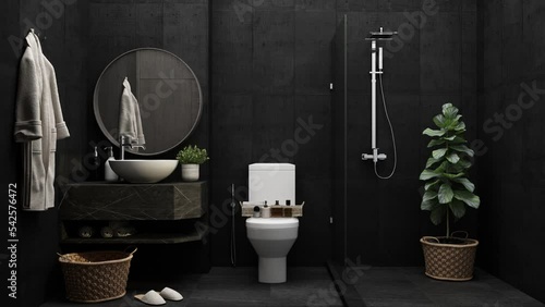 creating build up of hotel bathroom toilet with black and tiled walls, concrete floor, Shower near plant pot and sink on dark marble countertop with round mirror. with wooden decoration 3d rendering