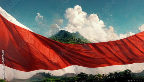 The Indonesian flag stretches between the trees with the background of Mount Krakatoa. illustration