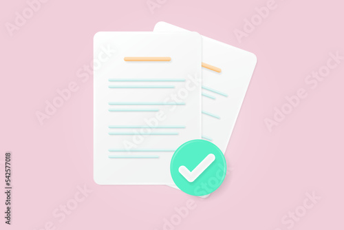 The task is completed. Stack of paper sheets. Confirmed or approved document. Design ready to use for website, mobile app, presentation, and any other projects. 3d vector illustration.
