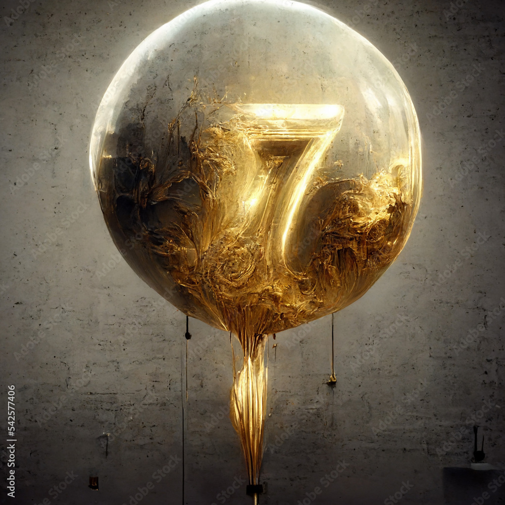 3d gold glass metal ball number 7 seven isolated white background. 3d