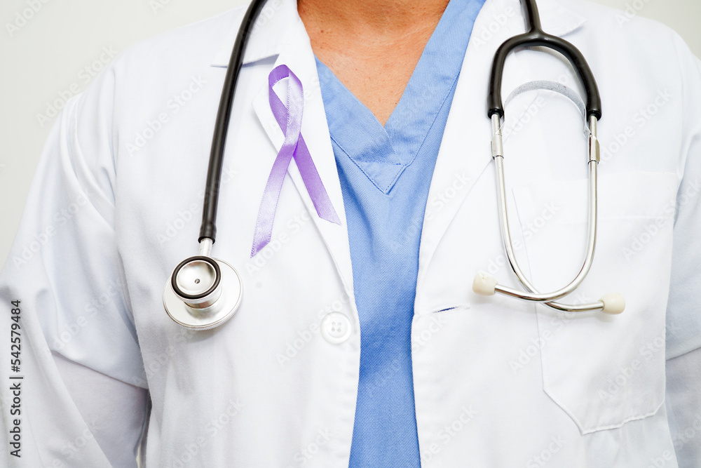 Asian woman doctor with purple ribbon, World Pancreatic Cancer day or World Alzheimer day.