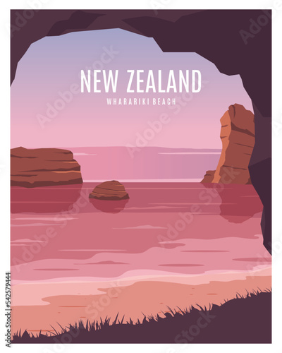 Sunset in New Zealand, Wharariki Beach illustration landscape background. vector with flat style for poster, postcard, art print.