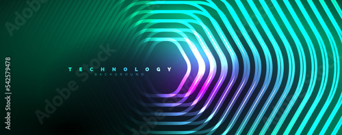 Neon shiny hexagons abstract background, technology energy space light concept, abstract background wallpaper desig