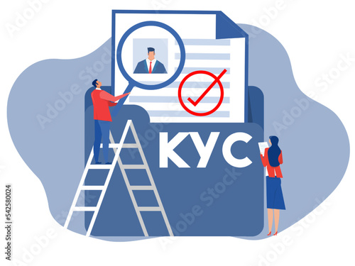 KYC or know your customer with business verifying the identity of its clients  through a magnifying glass vector illustrator