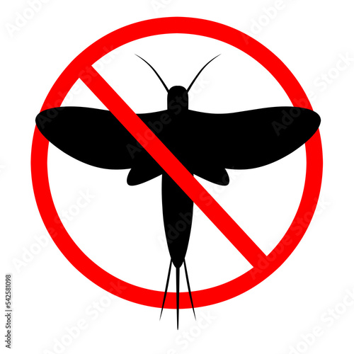 Prohibition sign, danger, do not touch mayfly on a white background. Round red circle. Perfect for dangerous animal logos and posters. silhouette