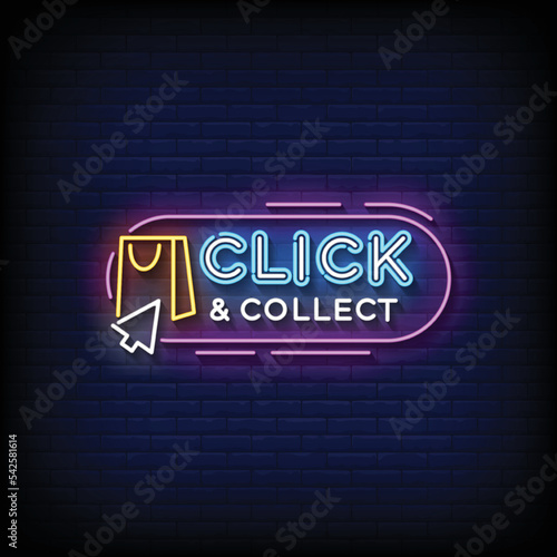 Neon Sign click and collect with brick wall background vector