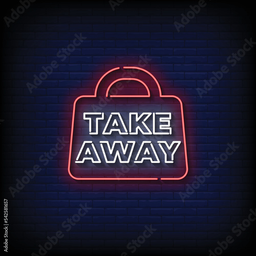 Neon Sign take away with brick wall background vector