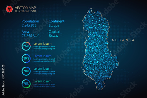 Albania map infographics vector template with abstract geometric mesh polygonal light concept on blue background. Template for diagram, graph, presentation and chart