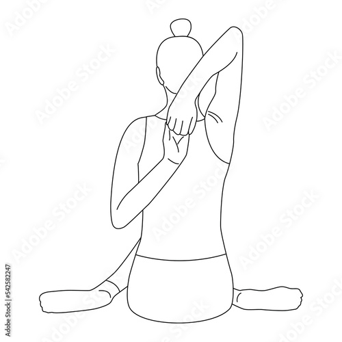 Line art back side of woman doing yoga exercise in cow face pose vector.