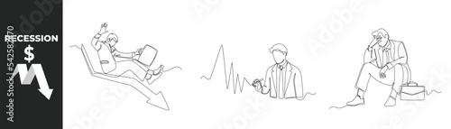 Single one line drawing recession economy set concept. Recession 2023. Businessman falling on the arrow, Presenting falling sales graph and have been laid off. Design graphic vector illustration.