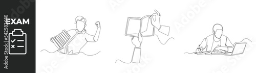 Single one line drawing exam preparation set concept. Young Students excited for exams and study with books and laptop prepare for exam. Continuous line draw design graphic vector illustration.