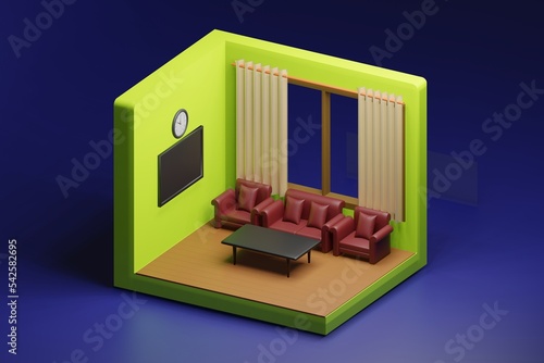 3d illustration dimensional low poly living room high view design The room includes sofas, coffee tables, windows, curtains, clocks, frames and other furniture.