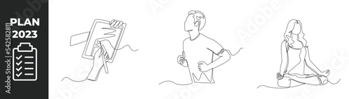 Continuous one line drawing 2023 planning set concept. Hand make plan on note, doing sports and yoga. Single line draw design vector graphic illustration.