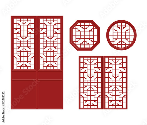 set 7 of Chinese Ornament Windows and Doors Pattern Vector outline illustration on white background