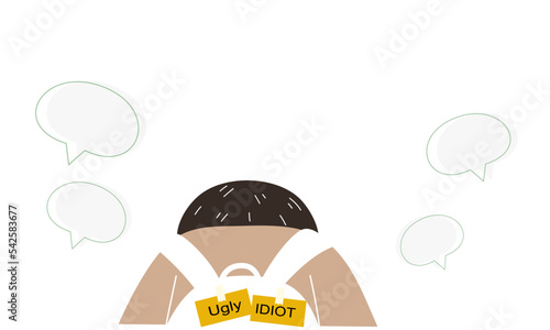 A young boy hit the school bully by sticked a piece of paper with mocking words on the back. flat vector illustration.