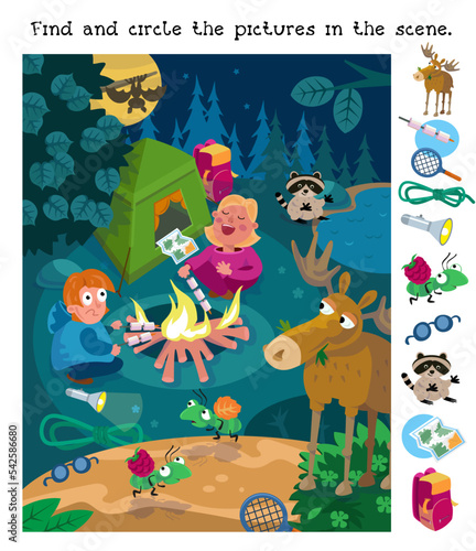 Find and circle 10 hidden objects. Puzzle game for children. Animals in the forest. Cute characters and a cartoon style tent camp. Vector illustration.