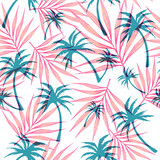 Abstract palm tree and tropical leaves seamless beach pattern