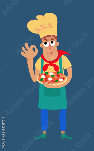 Cute pizzaiolo chef with neopolitan pizza in cartoon style. Character for postcards, books, posters. Vector illustration, isolated icon on background.