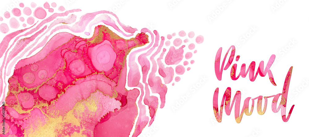 Pink Watercolor Flow with Waves and Drops and Golden Glitter Design Template for Greeting Card.