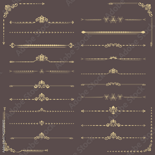 Vintage set of decorative elements. Horizontal separators in the frame. Collection of golden different ornaments. Classic patterns. Set of vintage patterns
