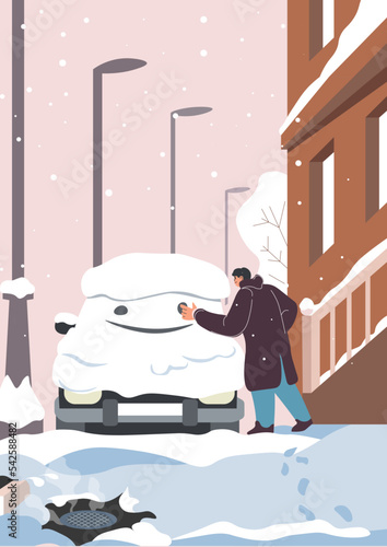 Person drawing smile on car covered with snow