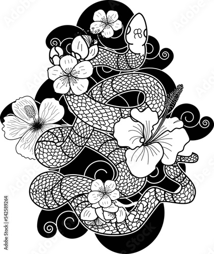 snake cobra tattoo style.Hand drawn Cobra with flower and cloud vector isolate on white background. king Cobra snake with mouth open.Snake cobra illustration.